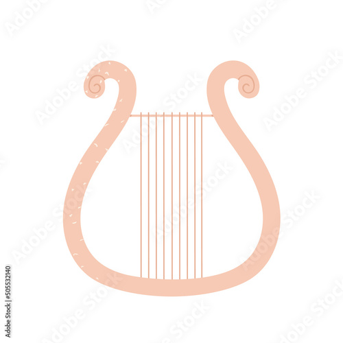 Pink harp. Classical stringed musical instrument. Vector illustration in cartoon style. Isolated white background.