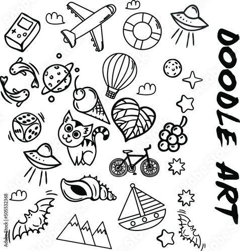 Vector design icon of doodles with various shapes that resemble objects such as planes, animals photo