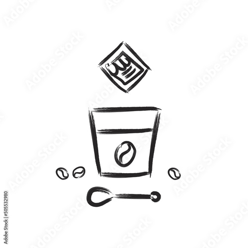 Doodle illustration a cup of americano, espresso coffee with sugar pack and spoon
