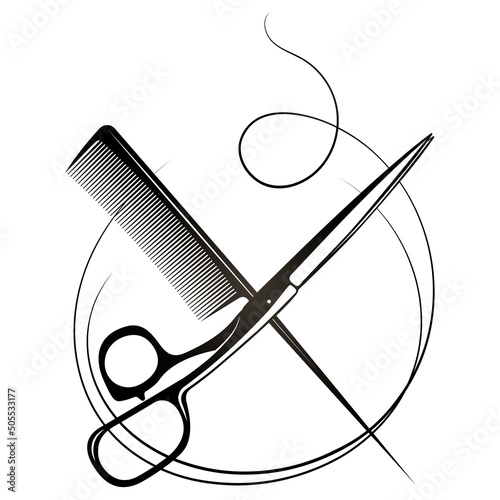Scissors and comb stylist. Beautiful hair curl and hairstyle barber tool. Beauty salon and hair salon design