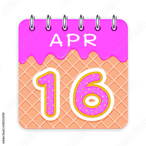 16 day of the month. April. Waffle cone calendar with melted ice cream. 3d daily icon. Date. Week Sunday, Monday, Tuesday, Wednesday, Thursday, Friday, Saturday. White background. Vector illustration.