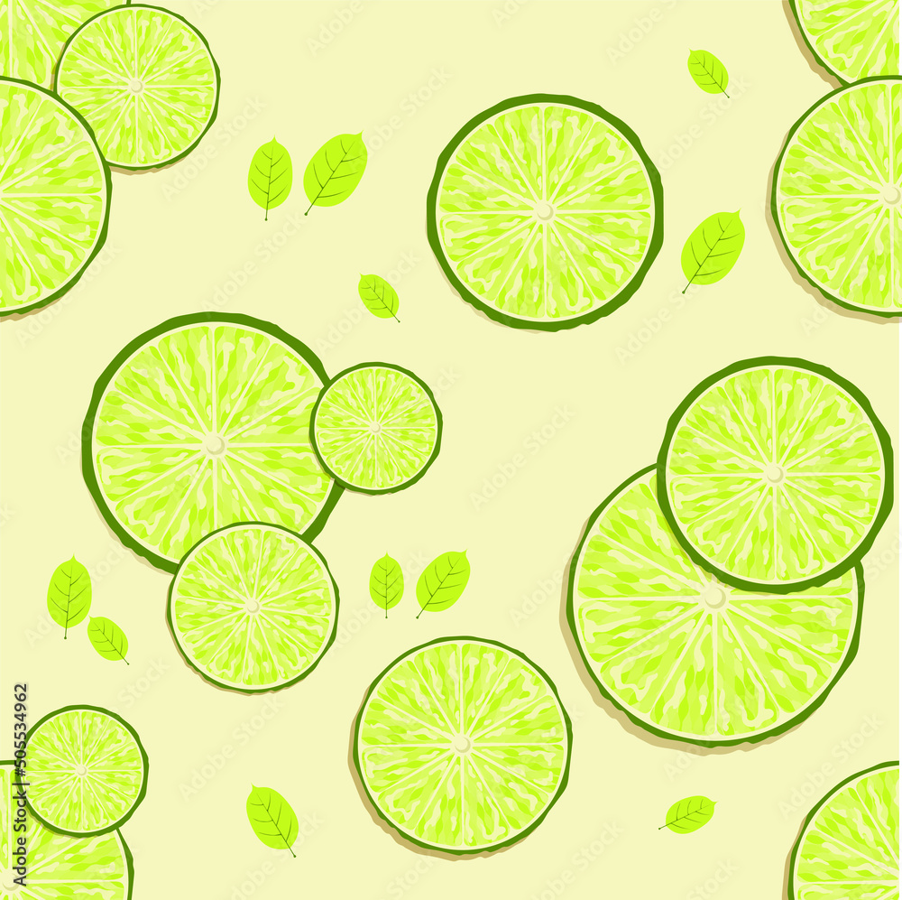 Seamless vector bright pattern of ripe illuminating green yellow slice citrus on a pastel background