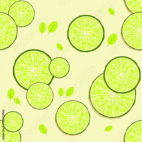 Seamless vector bright pattern of ripe illuminating green yellow slice citrus on a pastel background