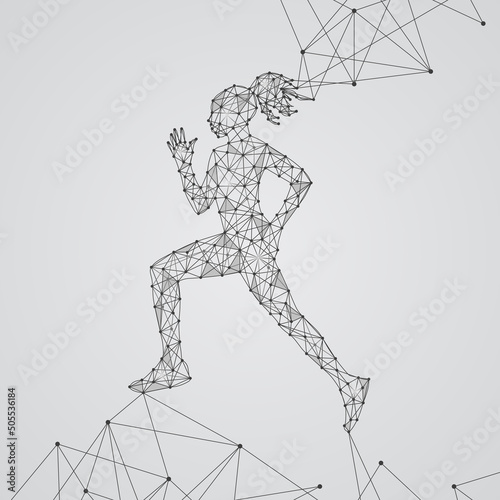 Running girl on gray background, connecting dots and lines. Light connection structure. Low poly background.