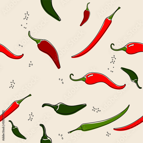 organic vector seamless pattern with red and green hot chili peppers on a light background