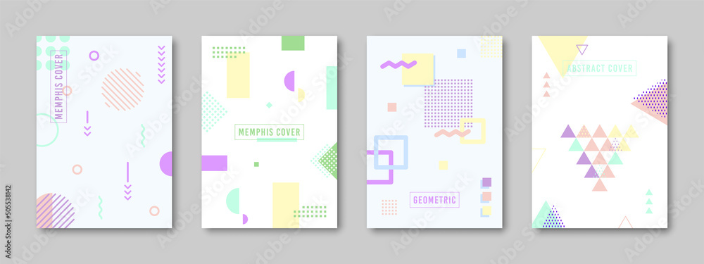 Geometric cover memphis notebook pastel flat set. Delicate neon background sharp shape cool flyer hipster style retro wrap minimal magazine cover page template shade brochure booklet 80-90s