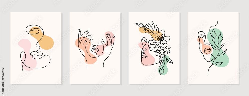 Modern abstract line minimalistic women faces arts set with different shapes for wall decoration, postcard or brochure cover design. Different woman faces. One line art. Vector illustrations design