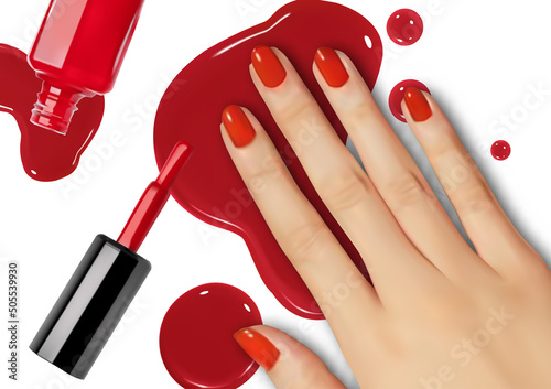 hand on Red nail polish spilled on a white background . Damaged paint stains and drips. Bright red nails spilled and dripping.