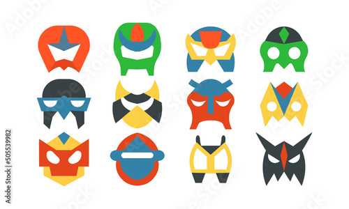 Superhero mask set and power hero person costume. Super comic character face sign vector illustration. Powerful head avatar and collection mystery savior. Guardian saviour and anonymous villain mask