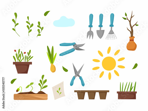 Garden set - flowers, seeds, tree, inventory. Ideal for scrapbooking, poster, tag, sticker. Vector cartoon illustration.
