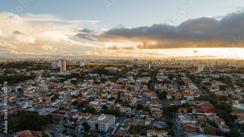 Aerial view of Sao Paulo at sunset with Congonhas Airport in the background. In the neighborhood of Planalto Paulista photo