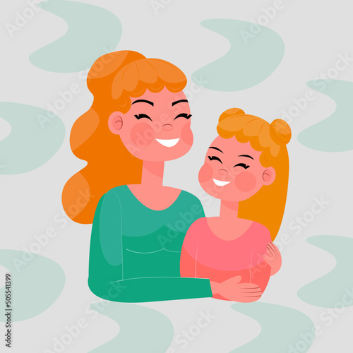 Happy family. Mom and daughter happily hug and smile. Illustration in a flat style and bright colors. Happy Children's Day. Happy Mother's Day. Greeting card