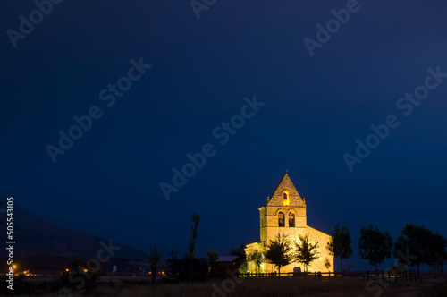Romantic church of Pison de Castrejon in Palencia, Spain at night photo