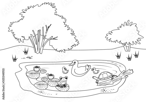 Coloring page with pond with flowering water-lily plants, duck with ducklings turtle and frog