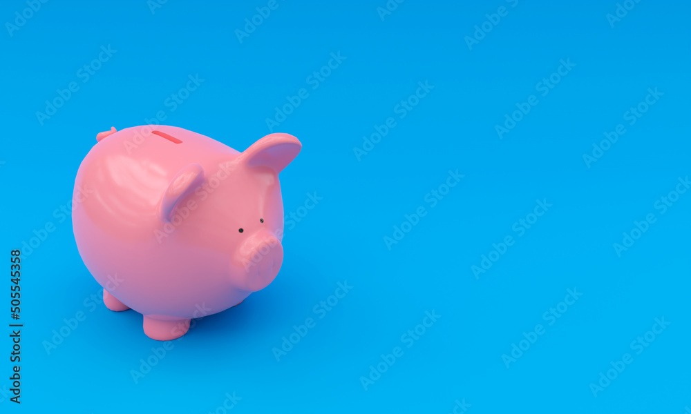 3d illustration, piggy bank, blue background, copy space 3d rendering