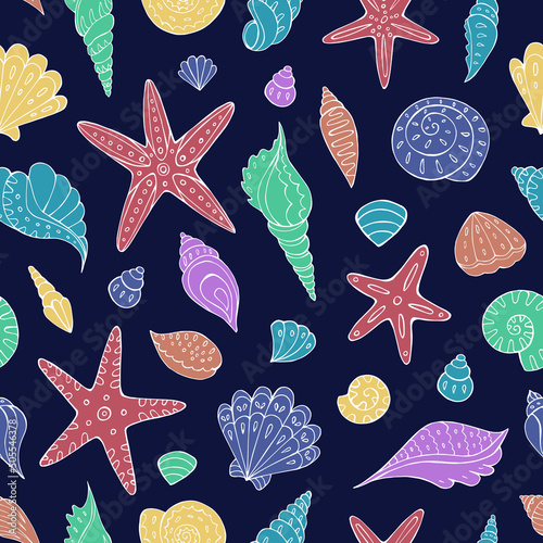 Seamless vector pattern with sketch of sea shells and sea stars. Sea seamless vector pattern. Decoration print for wrapping, wallpaper, fabric. 