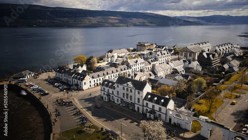 Aerial view of the Inveraray village in Hills of West Highlands, Scotland photo