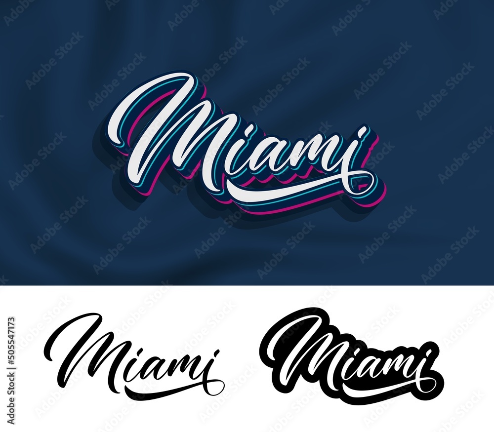 Obraz premium Miami, hand lettering design for printing on clothes. Text for t-shirt. Modern typography design. Calligraphic lettering isolated on white background.