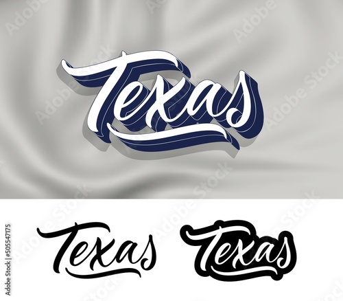 Texas, hand lettering design for printing on clothes. Calligraphic text for t-shirt. Modern typography design. Vector lettering isolated on white background.