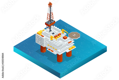 Isometric Large Offshore oil rig drilling platform. Platform for production oil and gas, Oil and gas industry and hard work.