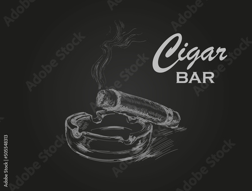 Smoking Cigar With Ashtray. Bar Smoking Cigar With Ashtray. Bar