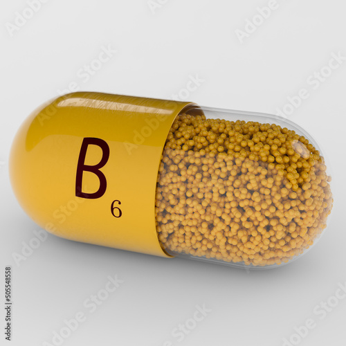 Vitamin B6 capsule. Pill. Dietary supplements. 3d rendering