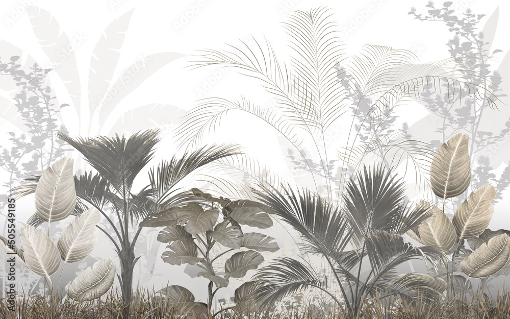 tropical trees and leaves wallpaper design in foggy forest - 3D illustration 