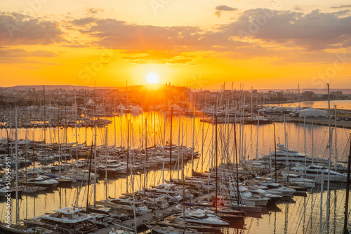 aerial view of an amazing sunrise in Palma the Mallorca - harbor and cathedral, Spain