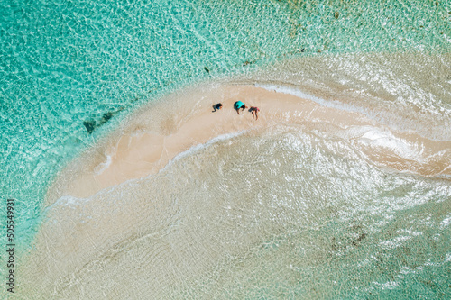 Aerial top view of the Caribbean Sea in the Goff's Caye island in Belize, Central America