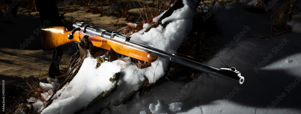Bolt action rifle in a dark and snowy forest Stock Photo | Adobe Stock