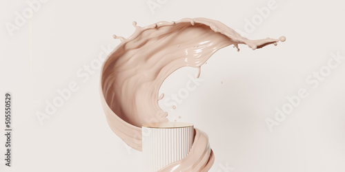 3D beige pedestal podium with liquid foundation splash swirl on studio background. Nude cream fluid flow with display showcase for beauty product, cosmetics promotion. abstract 3D render mockup 