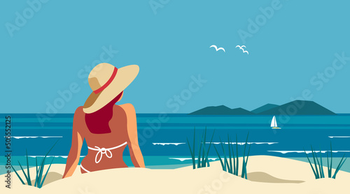 Female relax on sea sand beach travel vector poster. Summer seaside blue ocean scenic view background. Hand drawn pop art retro style. Holiday vacation sea tourist travel leisure trip illustration