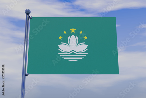 3D illustration of the flag of Macao with a chrome flag pole in the blue sky photo