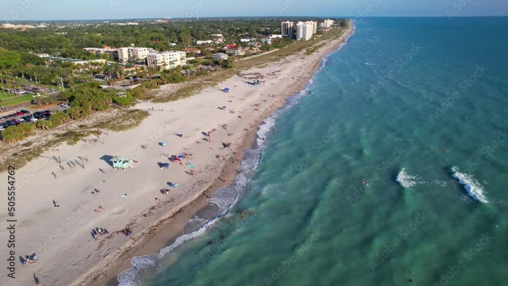 Venice beach Florida near Sarasota and Fort Myers. Panorama of Florida city. Flying on drone over Venice beach FL. Gulf of Mexico beach. Summer vacation. View on Residential house, Hotels and Resorts