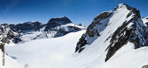 Ski mountaineering in the Glarus and Uri Alps. View of the Bocktschingel and piz russein toedi. Ski tour on the glacier