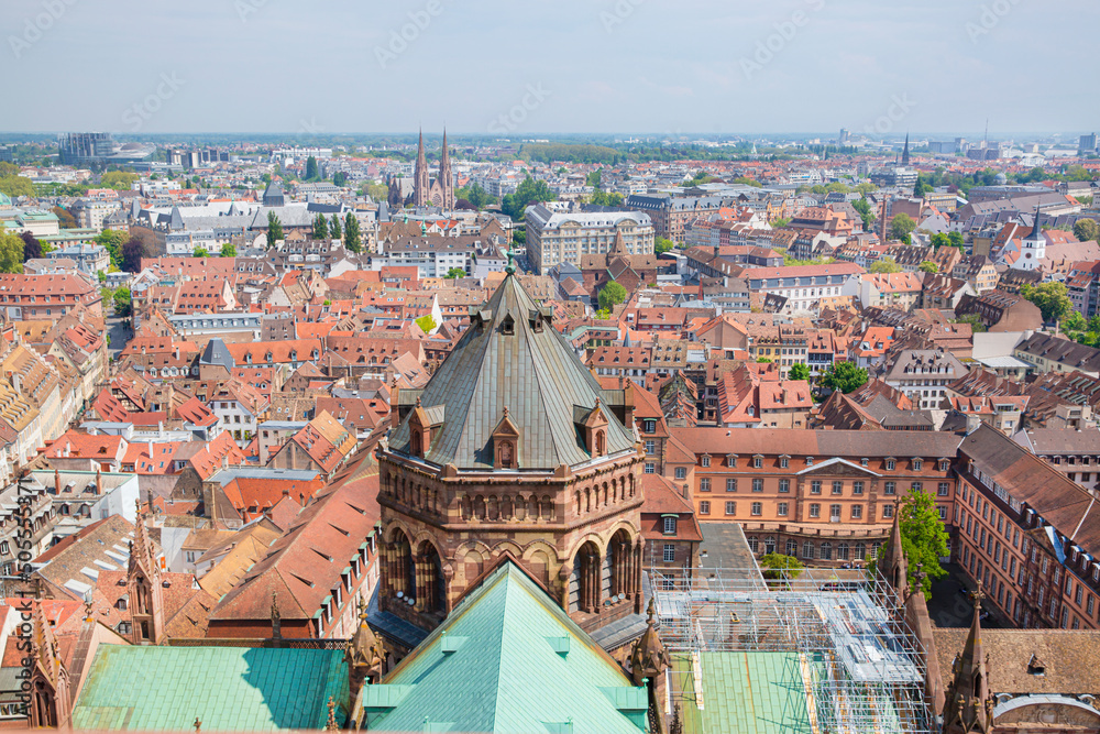 Fototapeta premium Beautiful view from Strasbourg cathedral to the building and the city of Strasbourg, Alsase, France. 