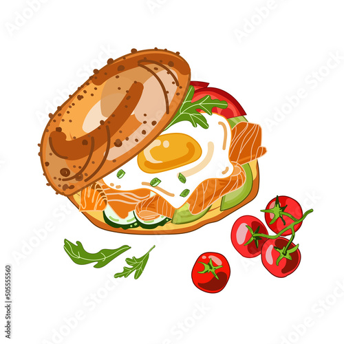Bagel sandwich with salmon or smoked salmon vegetables and egg,vector food illustration isolated on white background.Cartoon realistic sandwich drawing.Great breakfast and healthy snack.Healthy meal 