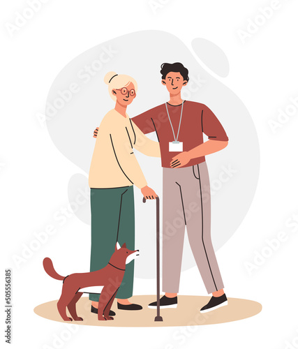 Male volunteers concept. Young guy helps his grandmother with dog. Charity and non profit companies. Love and care, pensioner with wand holding hand of adult man. Cartoon flat vector illustration