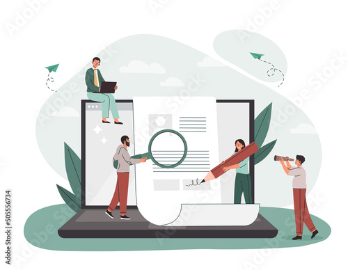 Fill out form. Men and women fill out document and sign, metaphor for successful negotiations and closing deal on Internet. Jurisprudence and contract protection. Cartoon flat vector illustration
