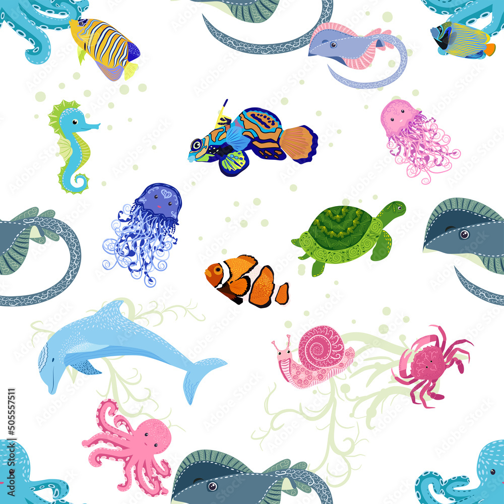 Fototapeta premium Marine life, fish, animals bright seamless pattern. sea travel, underwater diving animal tropical fish. Jellyfish, whale, shark, seahorse, clown fish, dolphin, turtle, emperor