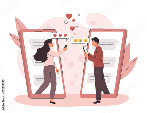 Man and woman texting. Communication on Internet and application for romantic dating. Social networks and messengers, modern technologies. Romantic messages. Cartoon flat vector illustration