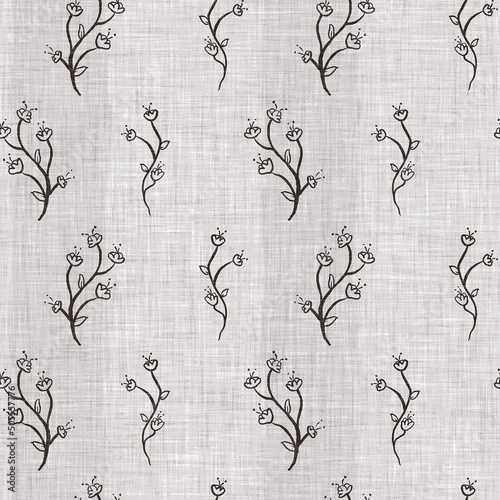 French grey botanical leaf linen seamless pattern with 2 tone country cottage style motif. Simple vintage rustic fabric textile effect. Primitive modern shabby chic kitchen cloth design.