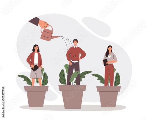 Hand watering plants. Metaphor for boss who develops his subordinates. Increasing professional skills, hardworking employees and workers, investment in people. Cartoon flat vector illustration