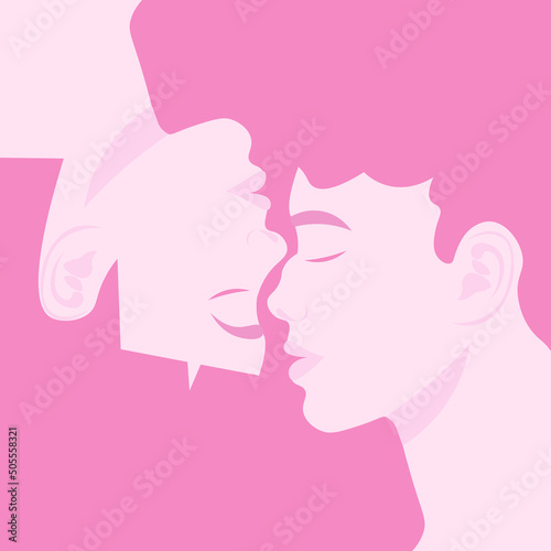 Female faces in profile, turned to each other. Lesbian love. Flat conceptual vector illustration. face to face, facing