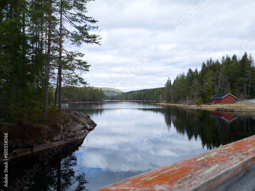 Beautiful view of a wooden cabin on the lakeshore in the forest under a cloudy sky during daytime photo