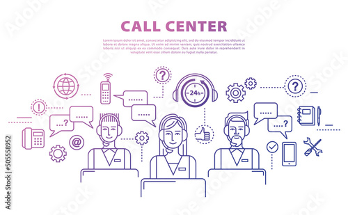 Call center concept in thin flat, linear style. 