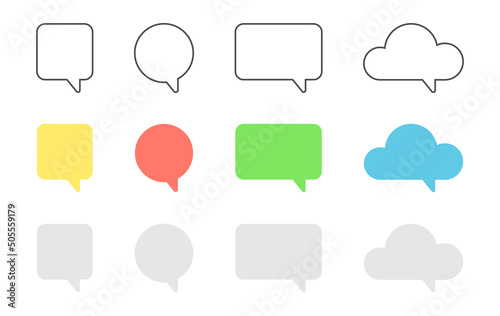 Speech bubble set. Color text box. Social media chat shape. Square balloon. Dialog frame. Message tag. Speak cloud icon. Line quote sign. Business concept. Support and comment. Vector illustration