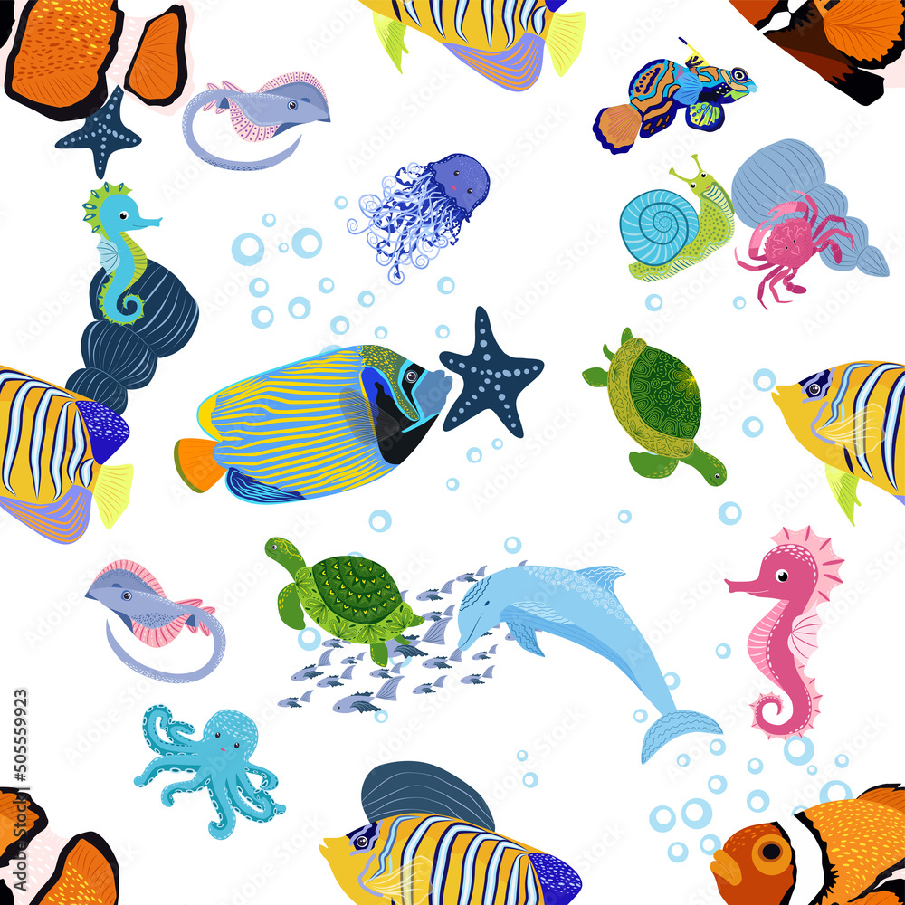 Fototapeta premium Marine life, fish, animals bright seamless pattern. sea travel, underwater diving animal tropical fish. Jellyfish, whale, shark, seahorse, clown fish, dolphin, turtle, emperor