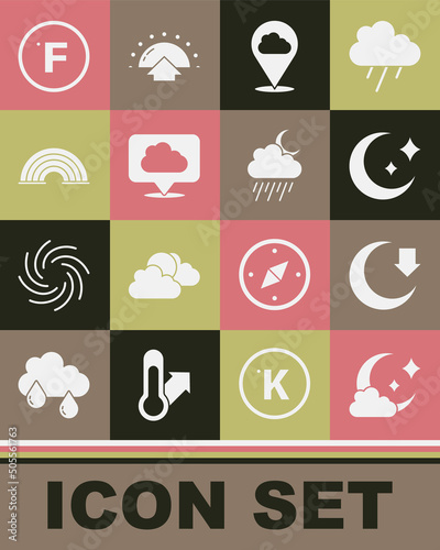 Set Cloud with moon, Moon, and stars, Location cloud, Rainbow, Fahrenheit and rain icon. Vector