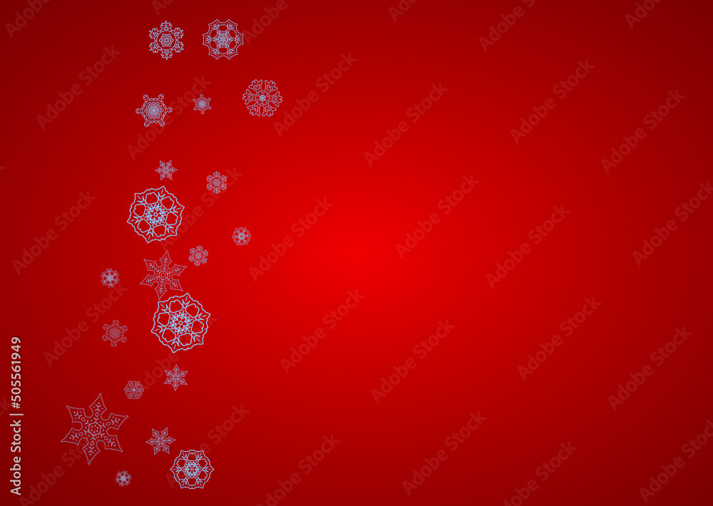 Christmas frame with snowflakes on red background. Santa Claus colors. Horizontal Christmas frame for holiday banners, cards, sales, special offers. Falling snow with bokeh and flakes for celebration Christmas frame with snowflakes on red background. Santa Claus colors. Horizontal Christmas frame for holiday banners, cards, sales, special offers. Falling snow with bokeh and flakes for celebration